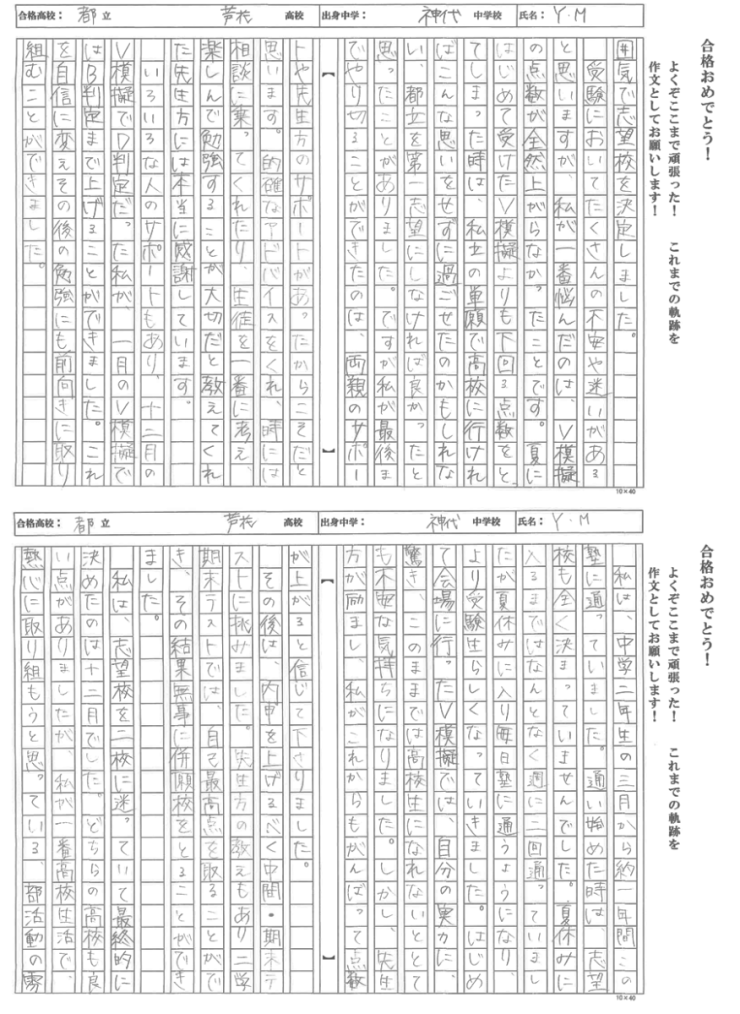 調布市立神代中学校 YMさん 都立芦花高校 合格!!