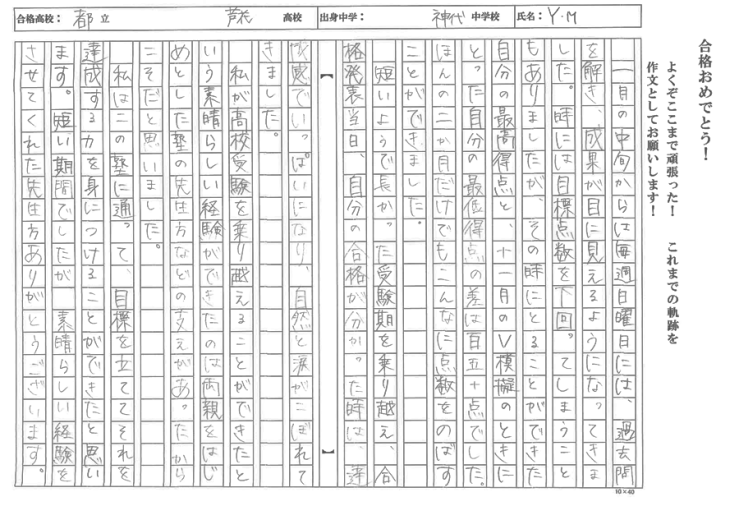 調布市立神代中学校 YMさん 都立芦花高校 合格!!